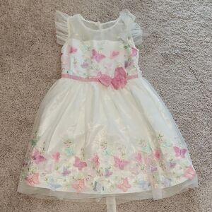 Girls' White Butterfly Embroidered Dress with Pink Accents Perfect For Easter
